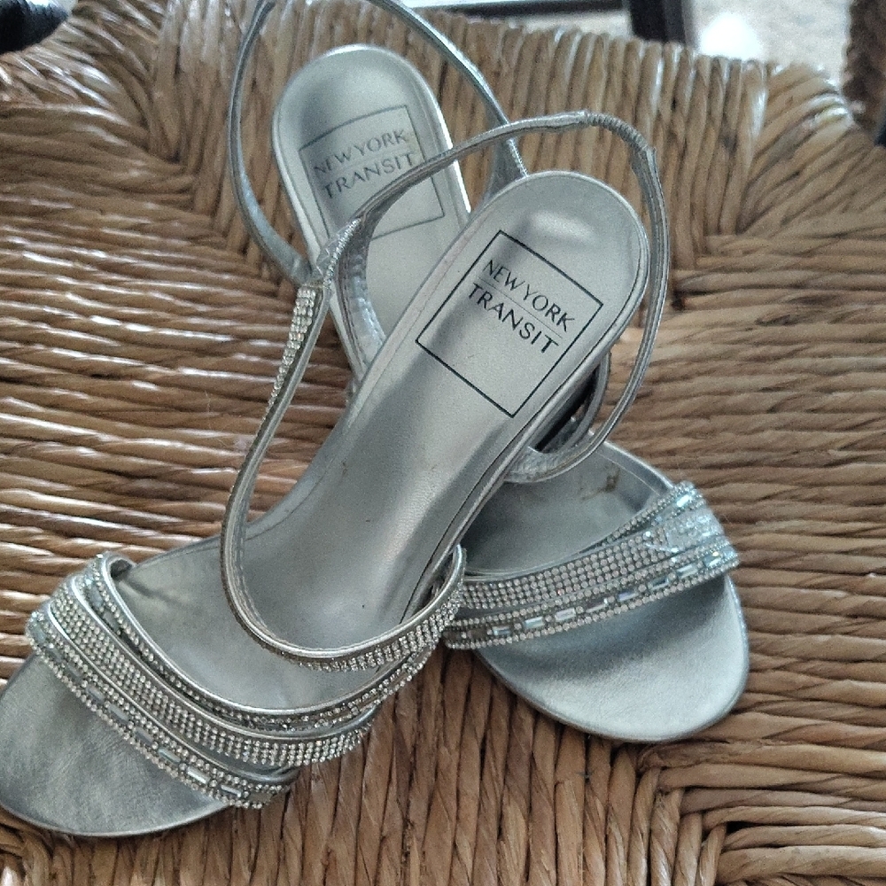 New York Transit Silver Heels with Rhinestone Embellishments